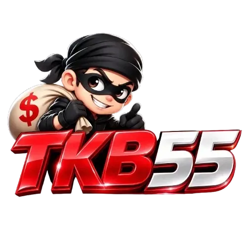 โลโก้ TKB55 บนพื้นโปร่งใส ด้านบนเป็นมาสคอตการ์ตูนรูปโจรเด็กสวมหน้ากากโจรสีดำคาดตาและผ้าโพกหัวสีดำผูกปม ใส่เสื้อแขนยาวสีดำกับถุงมือสีดำ ยิ้มกว้างและชูนิ้วโป้ง พร้อมแบกถุงผ้าใส่เงินสีครีมที่มีเครื่องหมายดอลลาร์สีแดงอยู่บนถุง ด้านล่างถัดลงมาเป็นคำว่า TKB ตัวอักษรละตินหนาสามมิติสีแดงสดไล่เงาตัดขอบแดงเข้ม และต่อท้ายด้วยตัวเลข 55 หนาสามมิติสีเงินโครเมียมขัดเงาตัดขอบแดง มีประกายแสงสีขาวกระจายอยู่บนผิวตัวอักษร